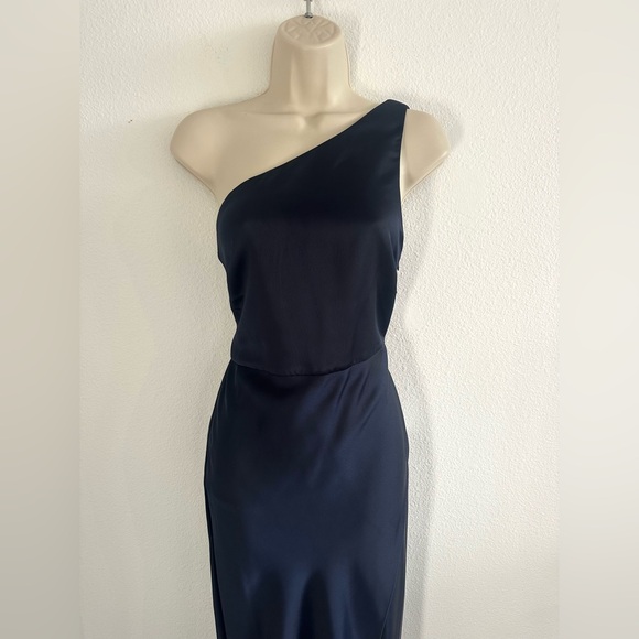 BHLDN Dress Scottie One Shoulder Navy Blue Evening Gown Slit Elegant Sz 8 Satin - Picture 6 of 13